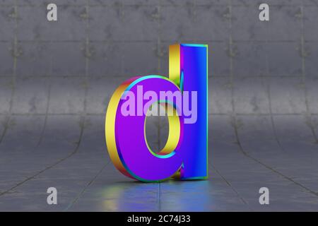 Mehrfarbiger 3d-Buchstabe D in Kleinbuchstaben. Glänzend schillernder Buchstabe auf Fliesenhintergrund. Metallic Alphabet mit Studio-Lichtreflexionen. 3d-gerendertes Schriftartzeichen. Stockfoto