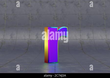 Mehrfarbiger 3d-Buchstabe R Kleinbuchstaben. Glänzend schillernder Buchstabe auf Fliesenhintergrund. Metallic Alphabet mit Studio-Lichtreflexionen. 3d-gerendertes Schriftartzeichen. Stockfoto