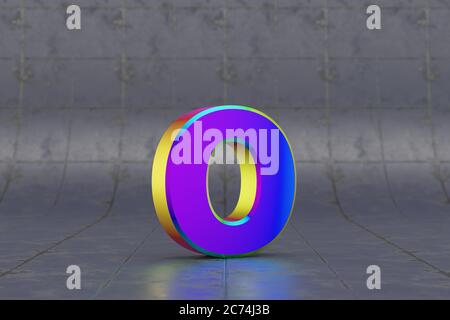 Mehrfarbiger 3d-Buchstabe O Kleinbuchstaben. Glänzend schillernder Buchstabe auf Fliesenhintergrund. Metallic Alphabet mit Studio-Lichtreflexionen. 3d-gerendertes Schriftartzeichen. Stockfoto