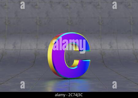 Mehrfarbiger 3d-Buchstabe C Kleinbuchstaben. Glänzend schillernder Buchstabe auf Fliesenhintergrund. Metallic Alphabet mit Studio-Lichtreflexionen. 3d-gerendertes Schriftartzeichen. Stockfoto