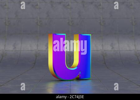 Mehrfarbiger 3d-Buchstabe U Kleinbuchstaben. Glänzend schillernder Buchstabe auf Fliesenhintergrund. Metallic Alphabet mit Studio-Lichtreflexionen. 3d-gerendertes Schriftartzeichen. Stockfoto