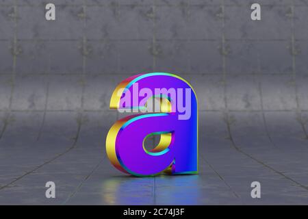 Mehrfarbige 3d-Buchstaben A Kleinbuchstaben. Glänzend schillernder Buchstabe auf Fliesenhintergrund. Metallic Alphabet mit Studio-Lichtreflexionen. 3d-gerendertes Schriftartzeichen. Stockfoto