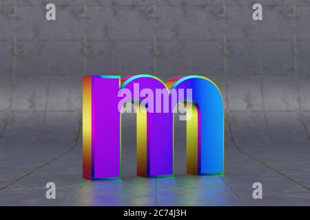 Mehrfarbiger 3d-Buchstabe M in Kleinbuchstaben. Glänzend schillernder Buchstabe auf Fliesenhintergrund. Metallic Alphabet mit Studio-Lichtreflexionen. 3d-gerendertes Schriftartzeichen. Stockfoto