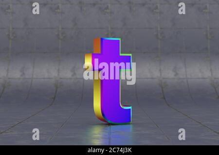 Mehrfarbige 3d-Buchstaben T Kleinbuchstaben. Glänzend schillernder Buchstabe auf Fliesenhintergrund. Metallic Alphabet mit Studio-Lichtreflexionen. 3d-gerendertes Schriftartzeichen. Stockfoto