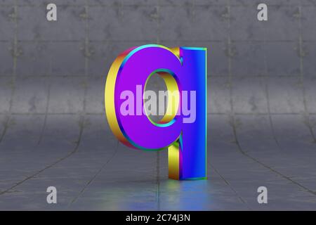 Mehrfarbiger 3d-Buchstabe Q Kleinbuchstaben. Glänzend schillernder Buchstabe auf Fliesenhintergrund. Metallic Alphabet mit Studio-Lichtreflexionen. 3d-gerendertes Schriftartzeichen. Stockfoto