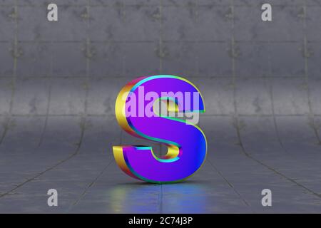 Mehrfarbige 3d-Buchstaben S Kleinbuchstaben. Glänzend schillernder Buchstabe auf Fliesenhintergrund. Metallic Alphabet mit Studio-Lichtreflexionen. 3d-gerendertes Schriftartzeichen. Stockfoto