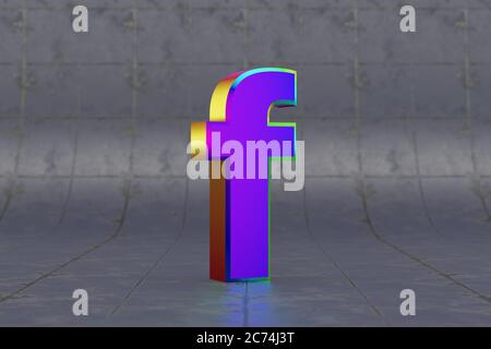 Mehrfarbiger 3d-Buchstabe F Kleinbuchstaben. Glänzend schillernder Buchstabe auf Fliesenhintergrund. Metallic Alphabet mit Studio-Lichtreflexionen. 3d-gerendertes Schriftartzeichen. Stockfoto