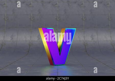 Mehrfarbiger 3d-Buchstabe V Kleinbuchstaben. Glänzend schillernder Buchstabe auf Fliesenhintergrund. Metallic Alphabet mit Studio-Lichtreflexionen. 3d-gerendertes Schriftartzeichen. Stockfoto