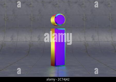 Mehrfarbiger 3d-Buchstabe i Kleinbuchstaben. Glänzend schillernder Buchstabe auf Fliesenhintergrund. Metallic Alphabet mit Studio-Lichtreflexionen. 3d-gerendertes Schriftartzeichen. Stockfoto