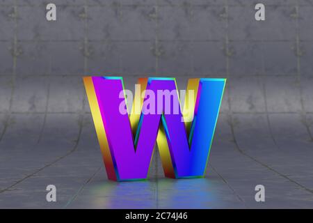 Mehrfarbiger 3d-Buchstabe W Kleinbuchstaben. Glänzend schillernder Buchstabe auf Fliesenhintergrund. Metallic Alphabet mit Studio-Lichtreflexionen. 3d-gerendertes Schriftartzeichen. Stockfoto