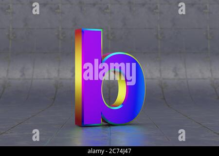 Mehrfarbiger 3d-Buchstabe B Kleinbuchstaben. Glänzend schillernder Buchstabe auf Fliesenhintergrund. Metallic Alphabet mit Studio-Lichtreflexionen. 3d-gerendertes Schriftartzeichen. Stockfoto