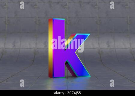 Mehrfarbiger 3d-Buchstabe K Kleinbuchstaben. Glänzend schillernder Buchstabe auf Fliesenhintergrund. Metallic Alphabet mit Studio-Lichtreflexionen. 3d-gerendertes Schriftartzeichen. Stockfoto
