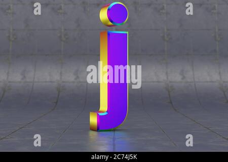 Mehrfarbiger 3d-Buchstabe J Kleinbuchstaben. Glänzend schillernder Buchstabe auf Fliesenhintergrund. Metallic Alphabet mit Studio-Lichtreflexionen. 3d-gerendertes Schriftartzeichen. Stockfoto