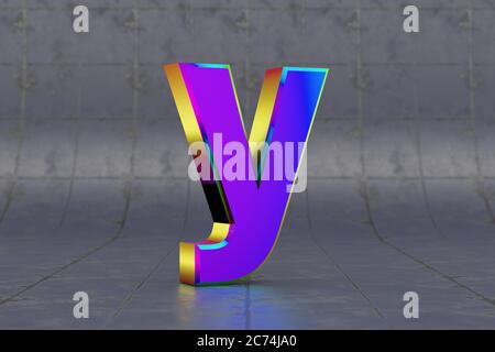 Mehrfarbiger 3d-Buchstabe Y Kleinbuchstaben. Glänzend schillernder Buchstabe auf Fliesenhintergrund. Metallic Alphabet mit Studio-Lichtreflexionen. 3d-gerendertes Schriftartzeichen. Stockfoto