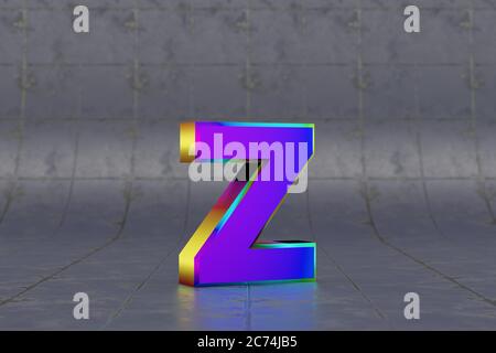 Mehrfarbiger 3d-Buchstabe Z Kleinbuchstaben. Glänzend schillernder Buchstabe auf Fliesenhintergrund. Metallic Alphabet mit Studio-Lichtreflexionen. 3d-gerendertes Schriftartzeichen. Stockfoto