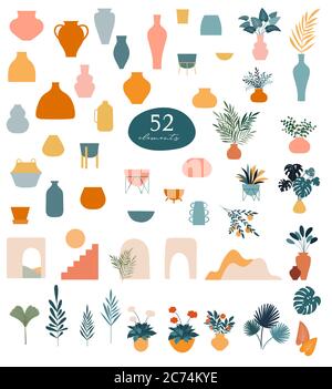 Sammlung von Sticker und floralen Design-Elemente, Vasen, Pflanzen und Blätter, Hand in trendigen Doodle-Stil gezeichnet. Bunte Vektorgrafiken und Stock Vektor