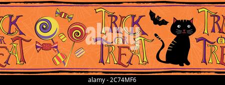 Halloween funky Vektor nahtlose Grenze. Banner von schwarzen Katzen, Fledermäuse, Süßigkeiten und Trick oder behandeln Text auf Spiderweb Textur orange Hintergrund. Von Hand gezeichnet Stock Vektor