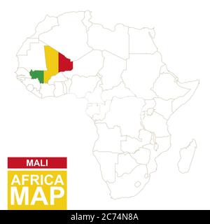 Afrika konturierte Karte mit hervorgehobener Mali. Mali Karte und Flagge auf Afrika Karte. Vektorgrafik. Stock Vektor