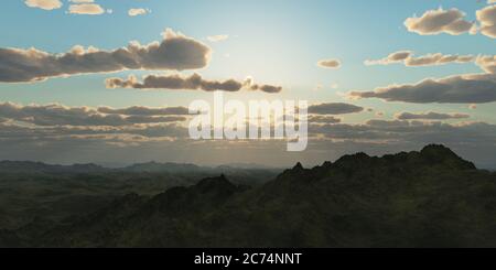 Bergpanorama über den Wolken Sonnenuntergang. Computergenerierte 3D-Illustration Stockfoto Bergpanorama über den Wolken Sonnenuntergang. Computergenerierte 3D-Illustration Stockfoto