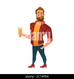Junger Mann in einem Holzfällerhemd hält ein Glas Bier, Pub Stock Vektor