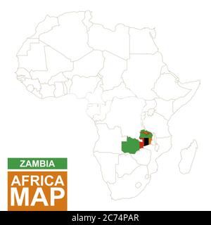 Afrika konturierte Karte mit hervorgehobener Zambia. Karte und Flagge von Sambia auf der Afrika-Karte. Vektorgrafik. Stock Vektor