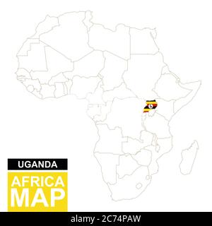 Afrika konturierte Karte mit hervorgehobener Uganda. Uganda Karte und Flagge auf Afrika Karte. Vektorgrafik. Stock Vektor