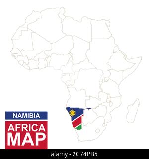 Afrika konturierte Karte mit markiertem Namibia. Namibia Karte und Flagge auf Afrika Karte. Vektorgrafik. Stock Vektor