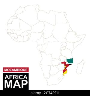 Afrika konturierte Karte mit hervorgehobenen Mosambik. Karte und Flagge von Mosambik auf Afrika Karte. Vektorgrafik. Stock Vektor