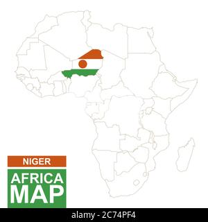 Afrika konturierte Karte mit hervorgehobener Niger. Niger Karte und Flagge auf Afrika Karte. Vektorgrafik. Stock Vektor