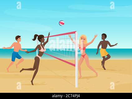 Leute, die Spaß haben Volleyball am Strand Vektor-Illustration spielen. Aktive Seebeach Sport Stock Vektor