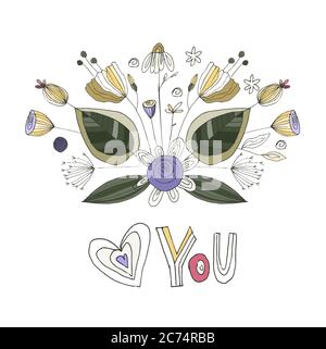 Liebe dich. Handgezeichnete Schriftzug Doodle-Karte mit floraler Dekoration. Blumenstrauß Sommer Komposition mit einem Satz. Inspirierendes Zitat für Frauen, Frauen Geschenk. Blumenvektor-Illustration. Stock Vektor