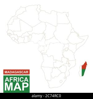 Afrika konturierte Karte mit hervorgehobener Madagaskar. Madagaskar Karte und Flagge auf Afrika Karte. Vektorgrafik. Stock Vektor