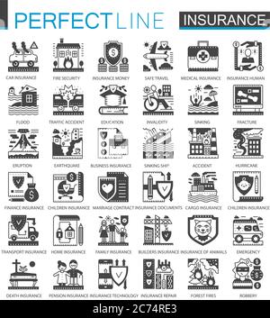 Versicherung schwarz Mini-Konzept Symbole. Unfallschutz modernes Icon Piktogramm Vektor Illustrationen Set Stock Vektor