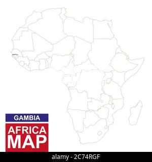 Afrika konturierte Karte mit hervorgehobener Gambia. Gambia Karte und Flagge auf Afrika Karte. Vektorgrafik. Stock Vektor