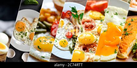 Collage von verschiedenen Gerichten. Eine abwechslungsreiche Speisekarte mit Hühnereiern. Gebratenes Ei Omelette. Collage mit gelbem Essen. Stockfoto
