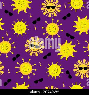 Nahtloses Muster. Süße gelbe Sonne in Sonnenbrille lächelnd. Und eine süße Sonne mit geschlossenen Augen. Vektor für Design, Dekoration, Verpackung, Textil, Sommer Stock Vektor