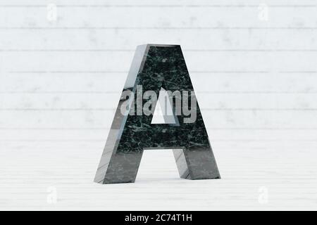 Marmor 3d Buchstabe A Großbuchstaben. Dunkelgrüner Marmorbuchstabe auf weißem Holzhintergrund. 3d-gerendertes Schriftartzeichen. Stockfoto