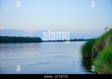 Sommeruntergang am Ufer eines großen Flusses Stockfoto