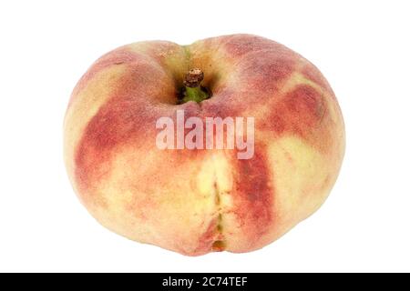 Saturn Pfirsich flache Pfirsiche auch bekannt Donut Pfirsiche isoliert auf einem weißen Hintergrund Stockfoto