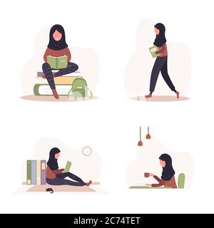 Bücherliebhaber. Arabische Leserinnen mit Büchern. Vorbereitung auf die Prüfung oder Zertifizierung. Wissen und Bildung Bibliothekskonzept, Literatur Stock Vektor