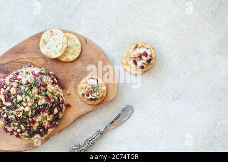 Frisch hausgemachter Cranberry-Käse mit Frischkäse, weißem Cheddar, getrockneten Cranberries, Walnüssen und Schnittlauch auf Marmorboden mit Kopie Stockfoto