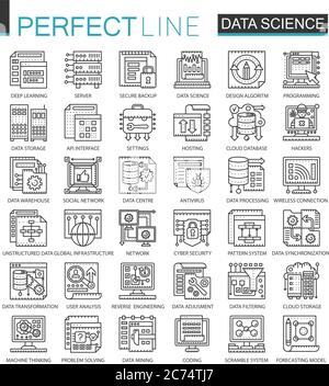 Data Science Technology skizzieren Mini-Konzept Symbole. Maschinelles Lernen Prozess Moderne Schlaganfall linearen Stil Illustrationen Set. Perfekte dünne Linien Symbole Stock Vektor