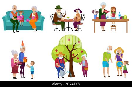 Satz von isolierten älteren Menschen und ihre Enkel Charaktere tun Aktivitäten Vektor Illustration Stock Vektor