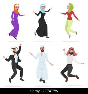 Glückliche Gruppe von niedlichen arabischen Menschen springen. Cartoon Sprung muslimische Mann und Frauen Charakter Vektor Illustration Stock Vektor
