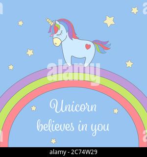 Niedliches Einhorn und Regenbogen mit Sternen Grußkarte. Magisches Einhorn Vektor Illustration Poster Stock Vektor