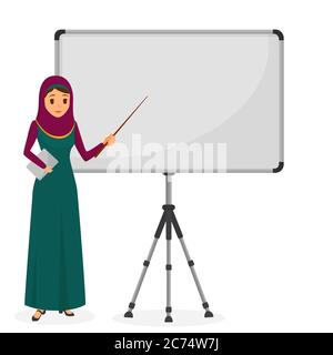 Arabische Geschäftsfrau bei einer Präsentation, die in der Nähe des Flipchart steht. Geschäftscharakter. Vektorgrafik Stock Vektor