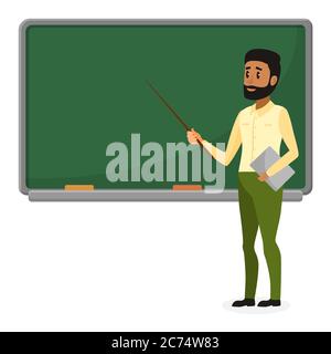 Junge arabische Lehrerin in moderner Kleidung, die in der Nähe von Tafel im Klassenzimmer in Schule, Hochschule oder Universität steht. Flaches Design Cartoon brasilien oder muslimischen männlichen Charakter Stock Vektor