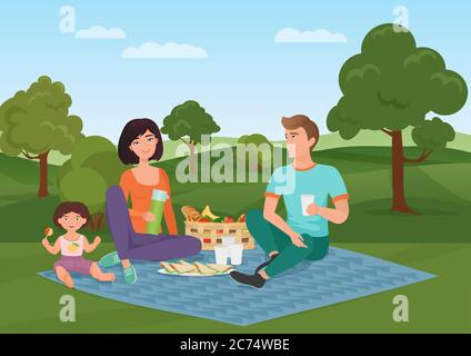 Glückliche junge Familie mit Kind auf einem Picknick. Papa, Mama und Tochter ruhen in der Natur. Vektorgrafik Cartoon-Illustration Stock Vektor