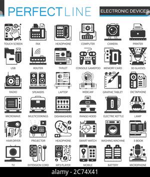 Elektronische Geräte klassisch schwarz Mini-Konzept Symbole. Vektor Gadgets moderne Symbol Piktogramm Illustrationen Set Stock Vektor