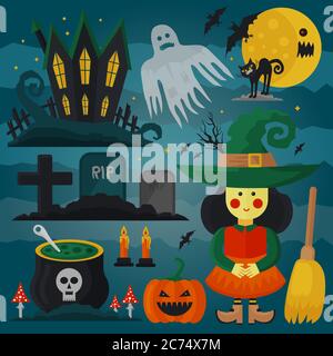 Set of witch, cat, zombie, pumpkin and other different spooky decorations and elements for Halloween. Vector horror card Stock Vektor
